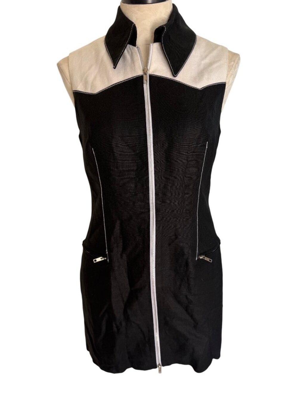 Moschery Womens Sleeveless Mini Dress Size 6 Black Linen Two Way Zipper Vintage